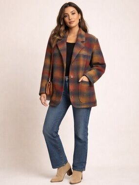 Vintage 90s Express Plaid Wool Blend Coat Oversized Fall Jacket USA